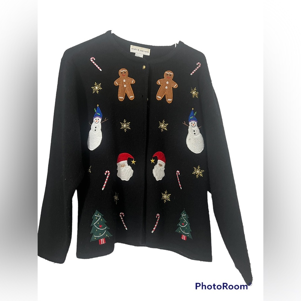 Croft And Barrow Christmas Sweater Medium Black Santa Gingerbread Snowman ugly